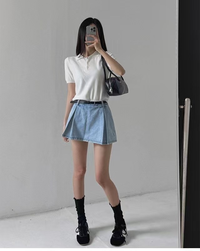 淺藍開衩短裙(內有安全褲)