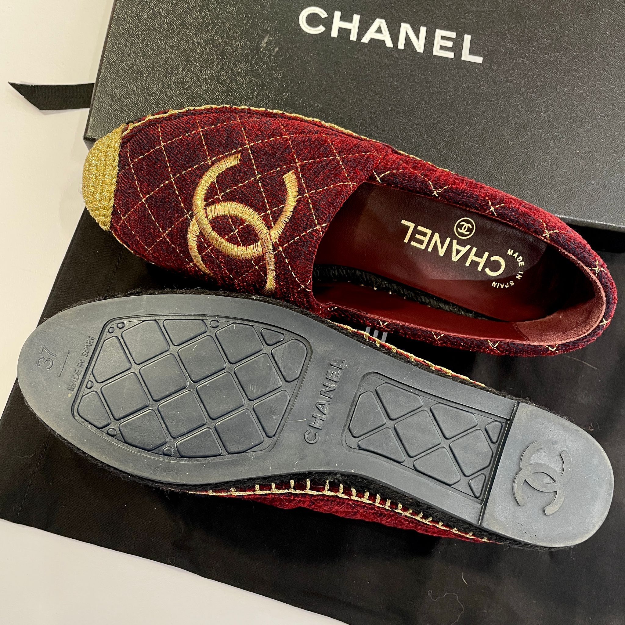 全新CHANEL漁夫鞋37碼 酒紅色拼金logo漁夫鞋   Espadrilles Flats Shoes #BRAND NEW #香榭站正品