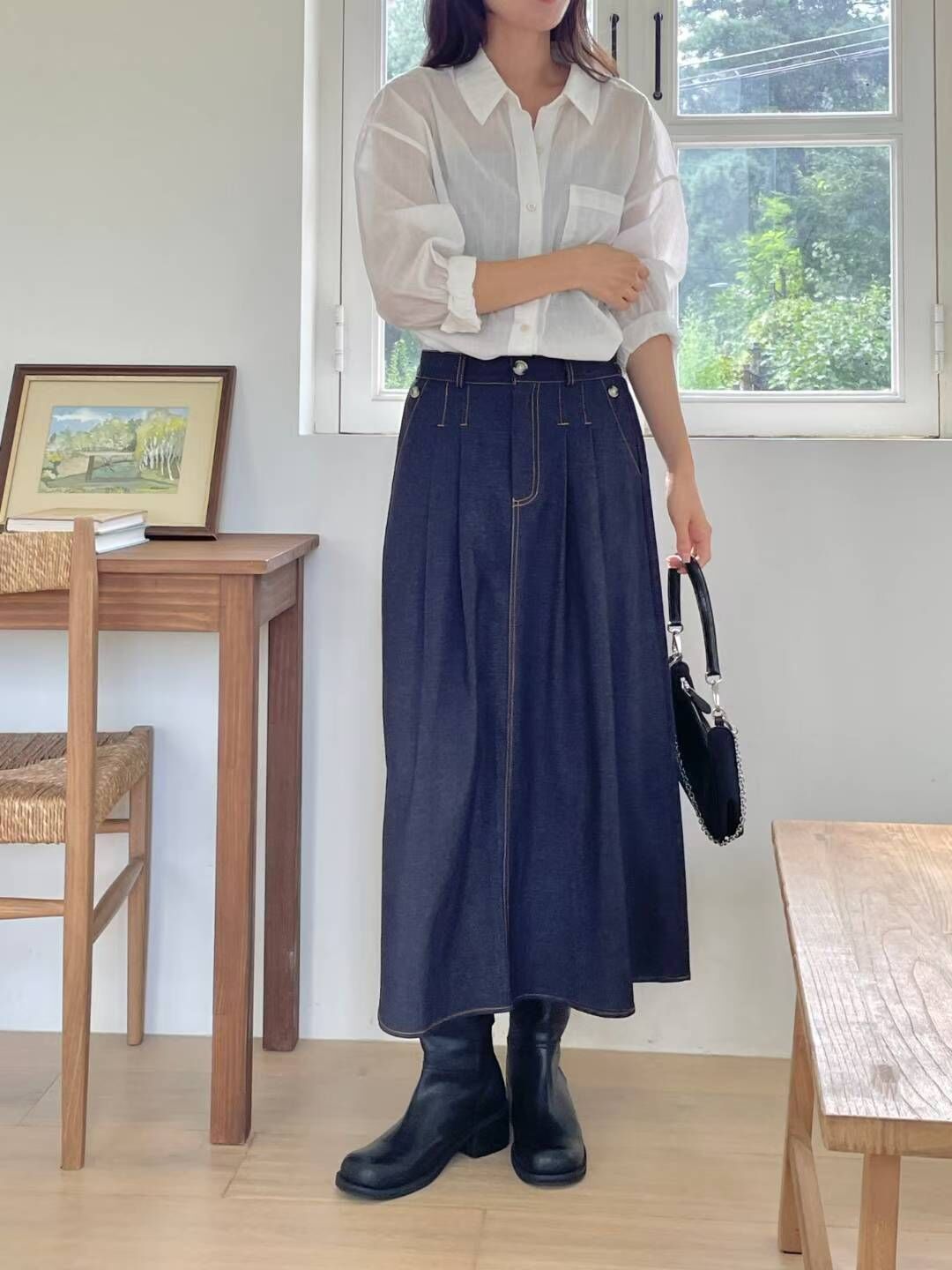 Zella Cool Sweet Pleated Denim Flared Maxi Skirt [ 2 colors / S,M ]