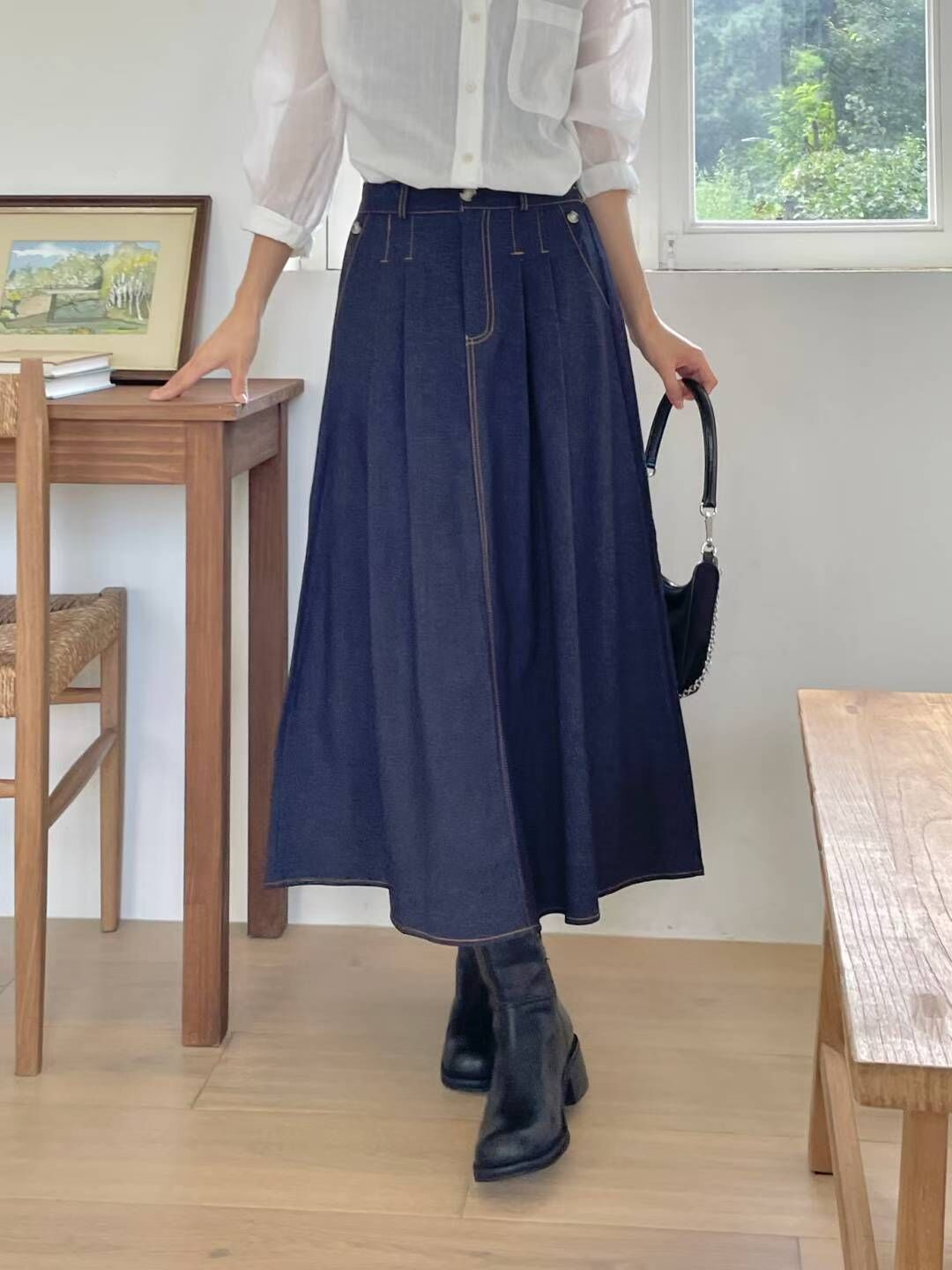 Zella 酷甜丹寧打褶傘襬長裙 [ 2色 / S,M ]