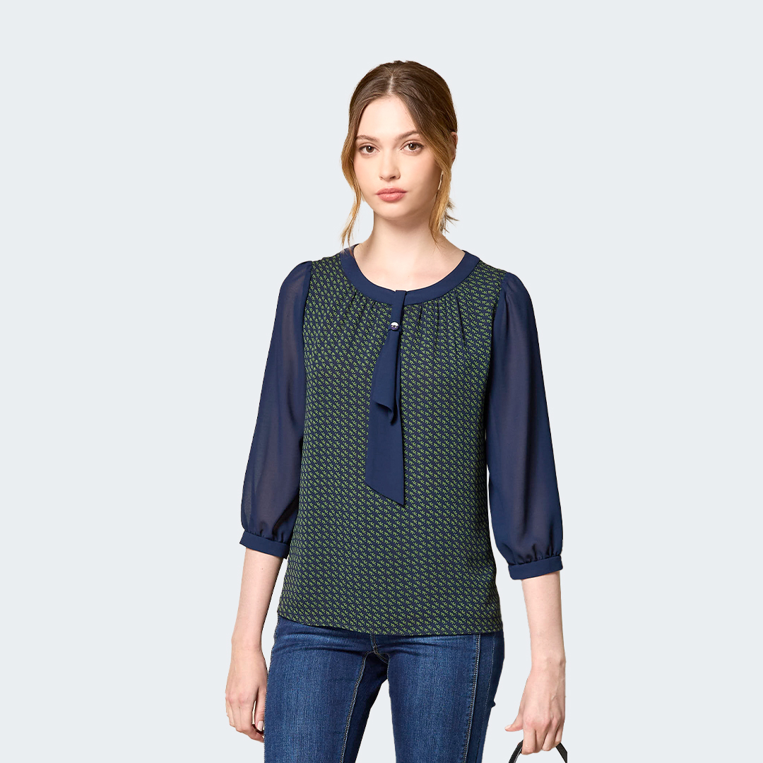 柔光印花綁帶雪紡上衣