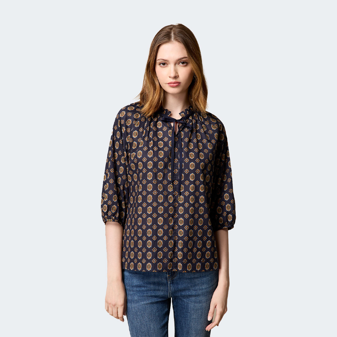 幾何古典印花綁帶領上衣