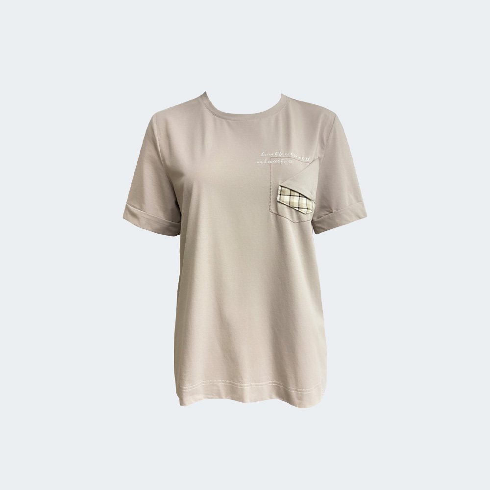 格紋小口袋造型純棉袖折邊T