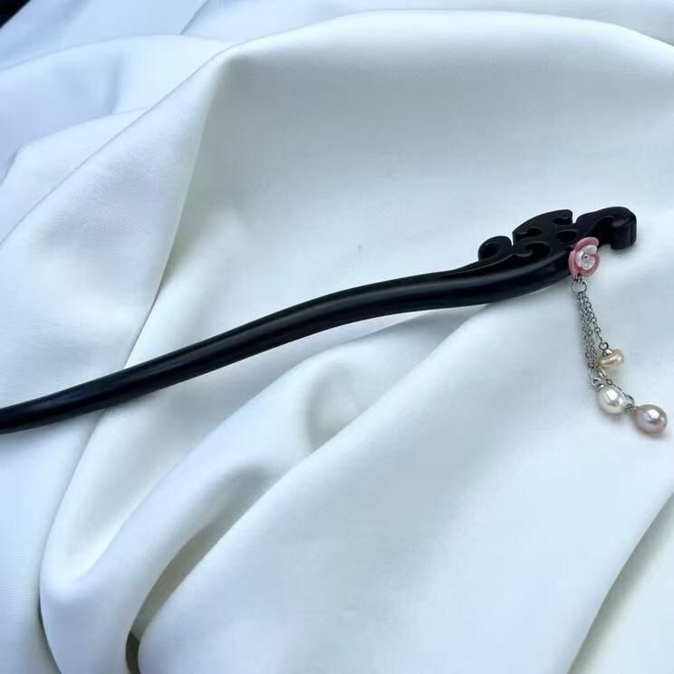 zc1604   天然珍珠木发簪～流苏款18cm