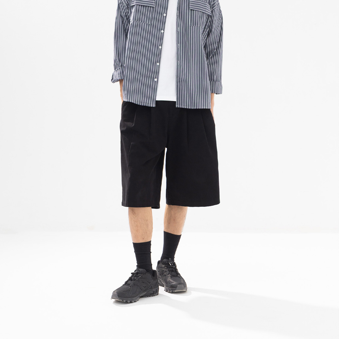 Men's Plain Twill Pleated Shorts - Black S-XL【04130310】in stock+pre-order
