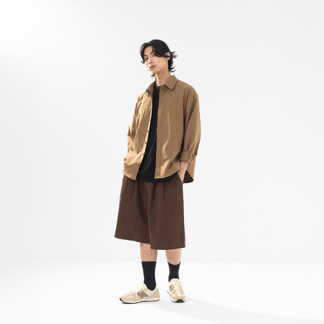 Men's Plain Twill Pleated Shorts - Brown【04130309】in stock+pre-order