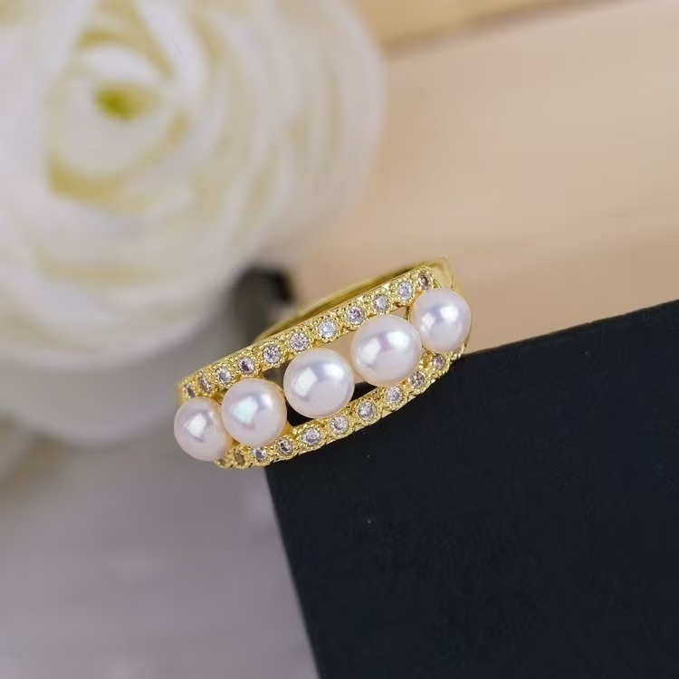 zc1615  合金-七夕鹊桥款5珠（金色）珍珠戒指4-5mm