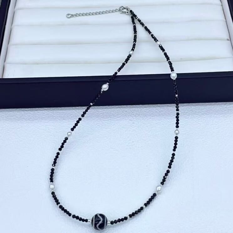 zc1617  合金-黑碧玺虎牙（加长）小项链3mm