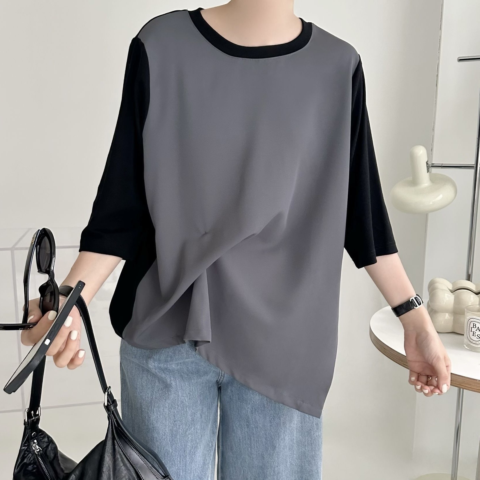 【BONNIE】針織袖拼梭織打摺TOP