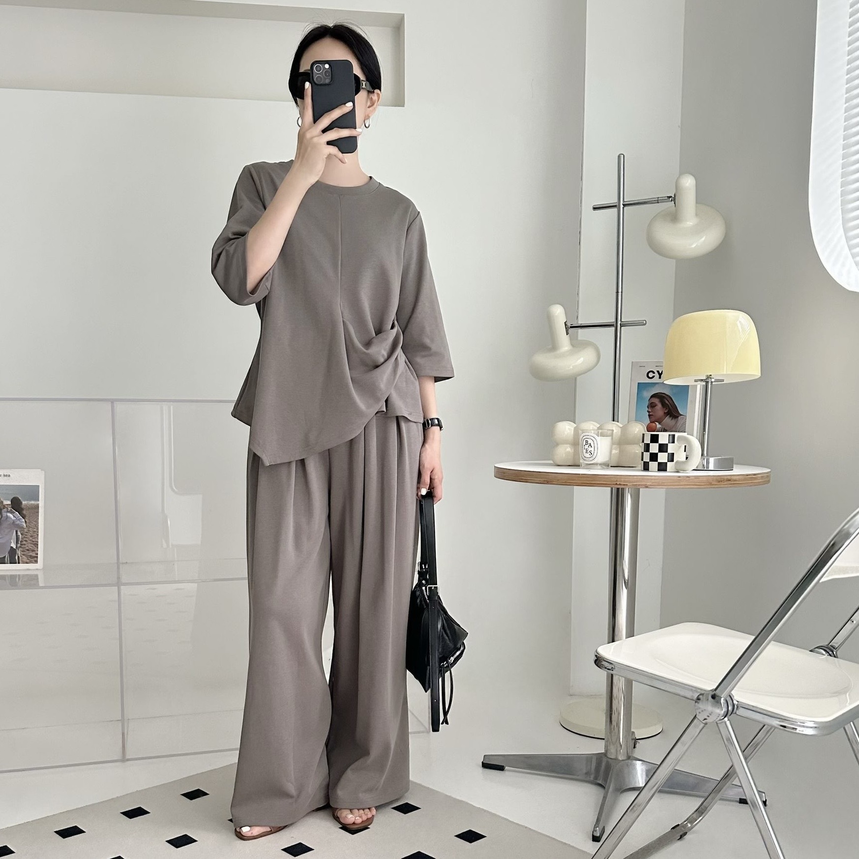 【BONNIE】單邊打摺TOP+全橡筋腰長褲套裝