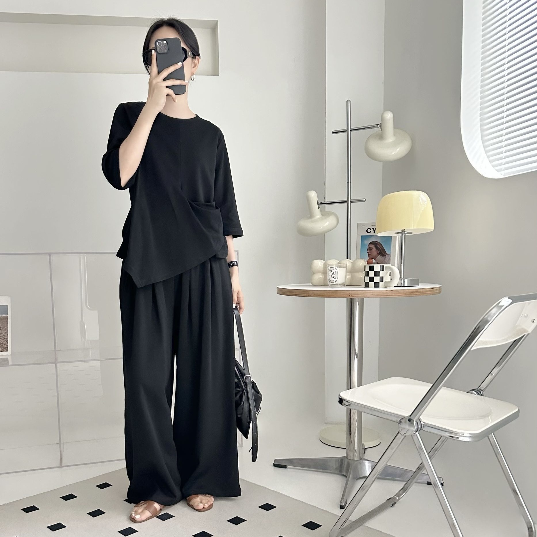 【BONNIE】單邊打摺TOP+全橡筋腰長褲套裝