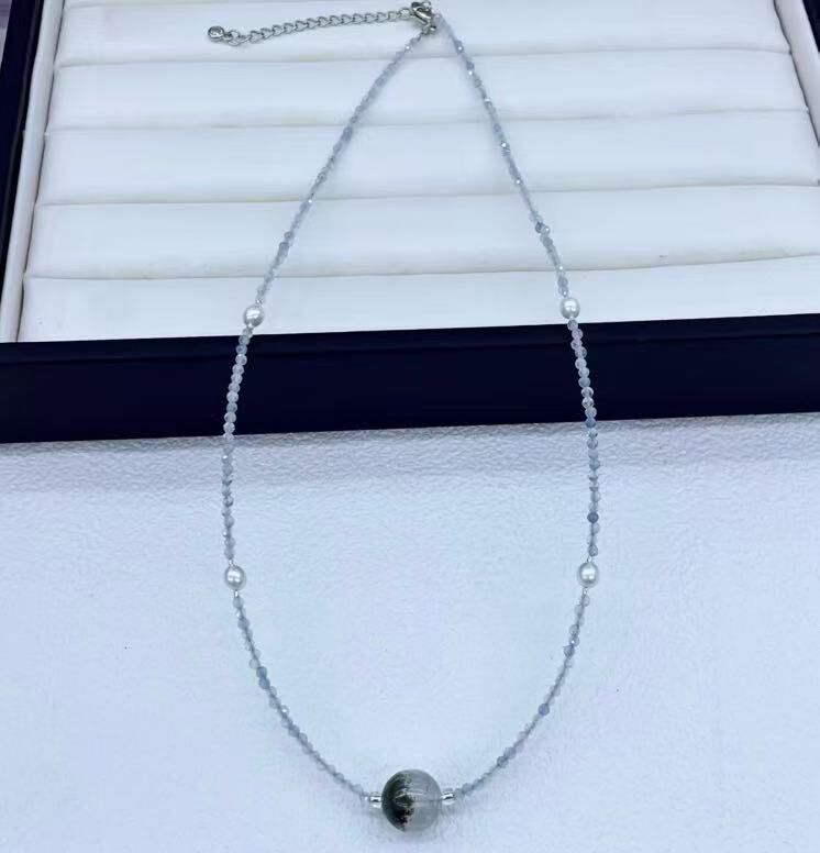 zc1618  合金-海蓝宝+绿幽灵（加长）小项链3mm