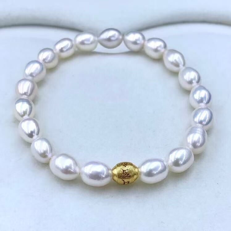 zc1621  S925淡水无核天鹅蛋（六字真言）手链7×8mm