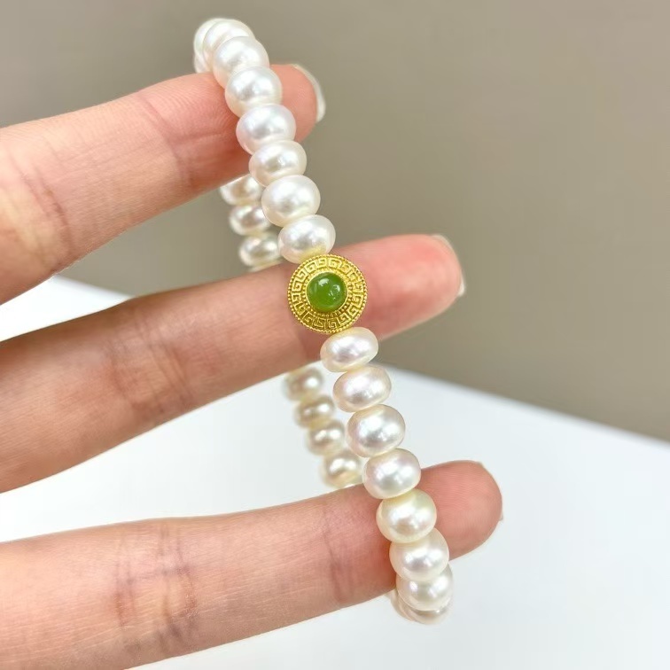 zc1623  S925-算盘珠淡水无核珍珠弹力手链（碧玉）4×7mm