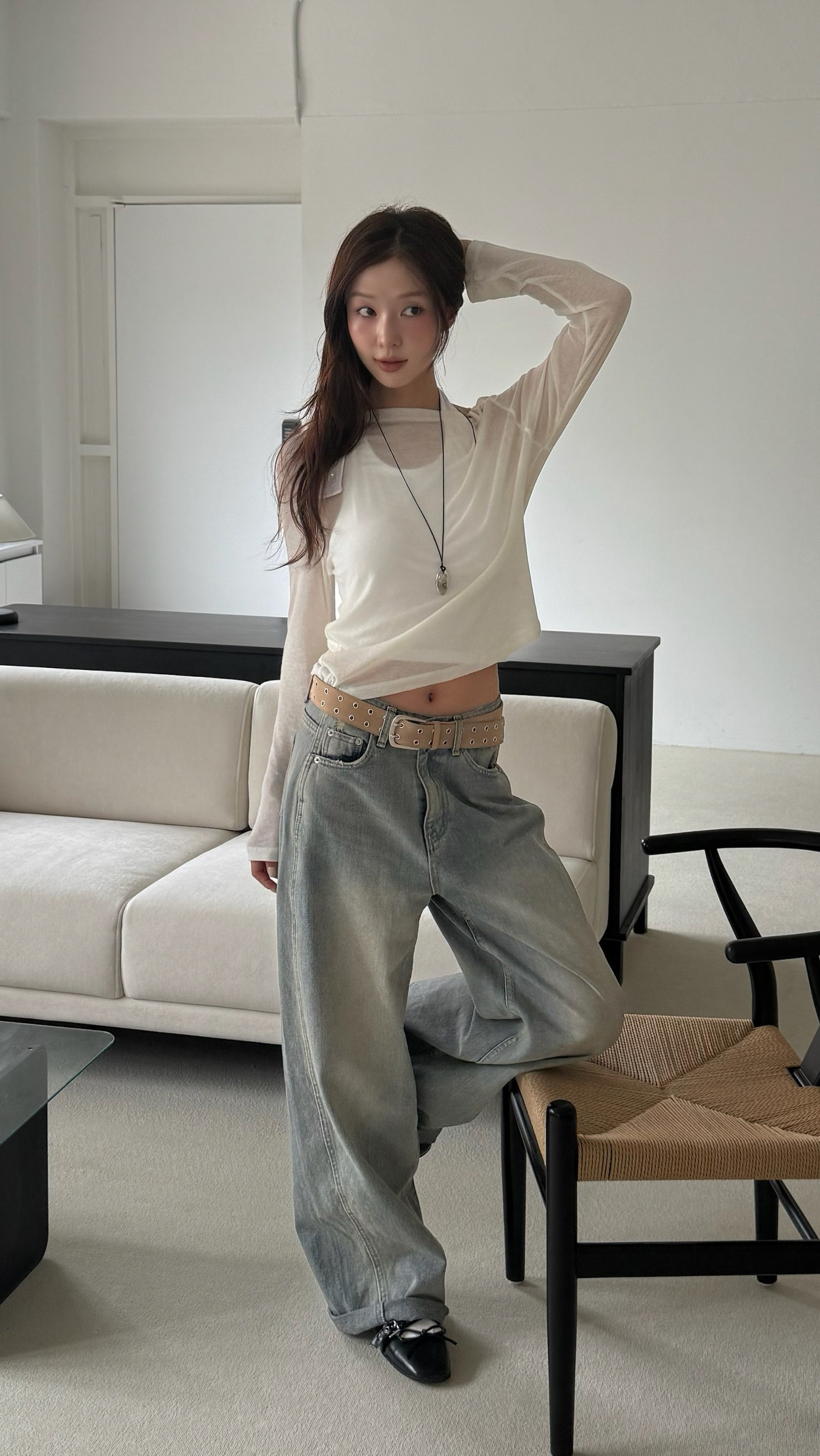 今年必備～髒髒牛仔寬直筒褲(s/m)