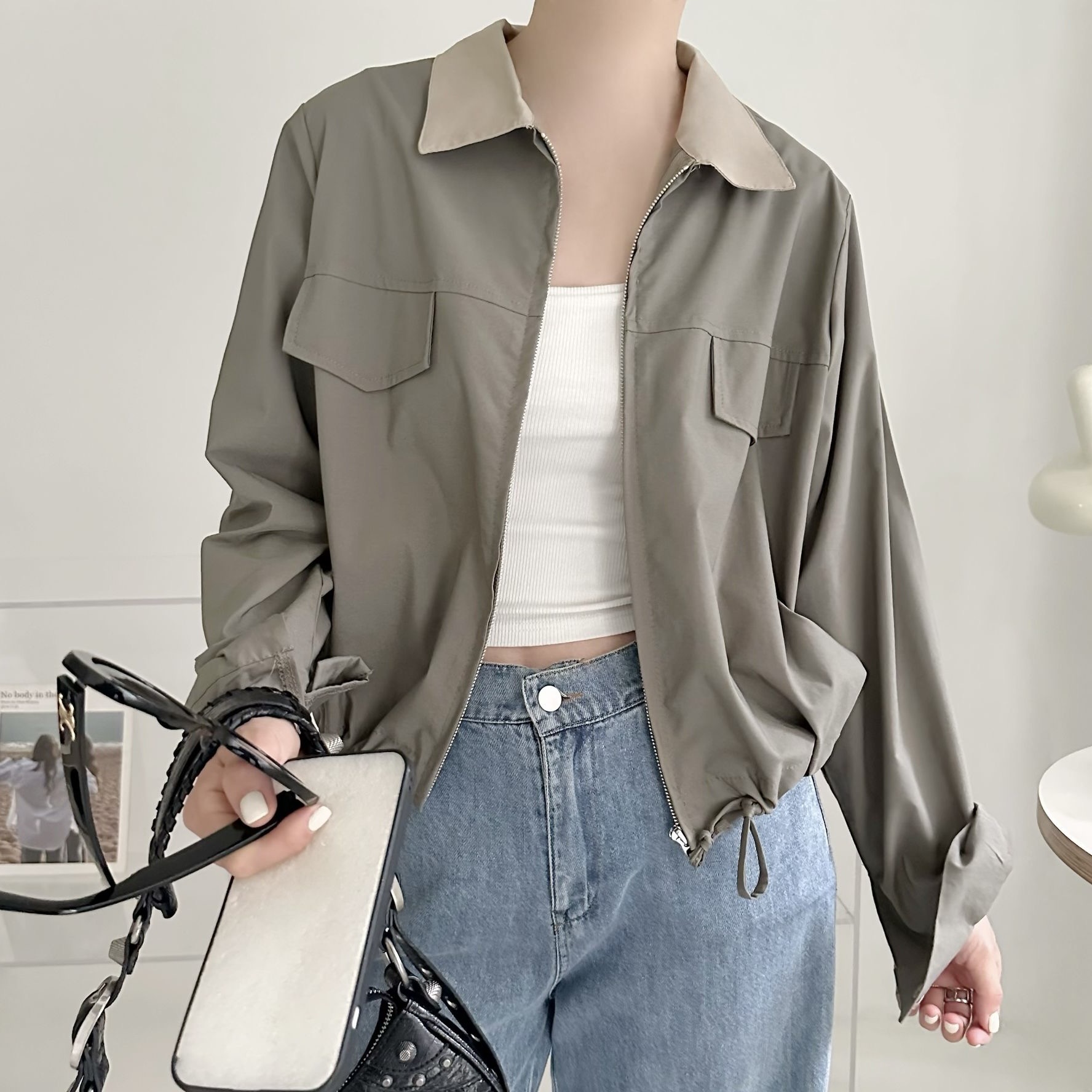 【BONNIE】拼色領拉鏈薄外套