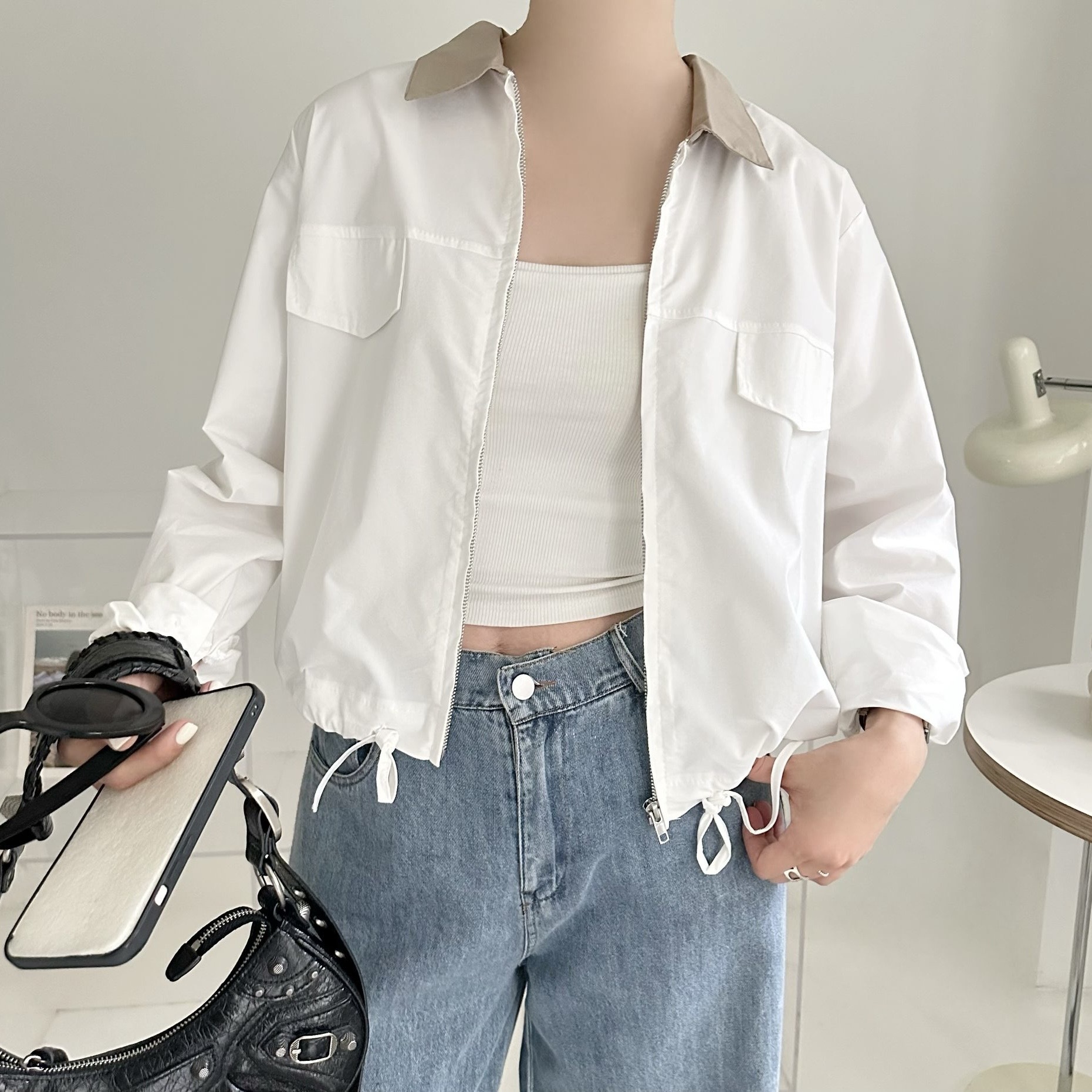 【BONNIE】拼色領拉鏈薄外套