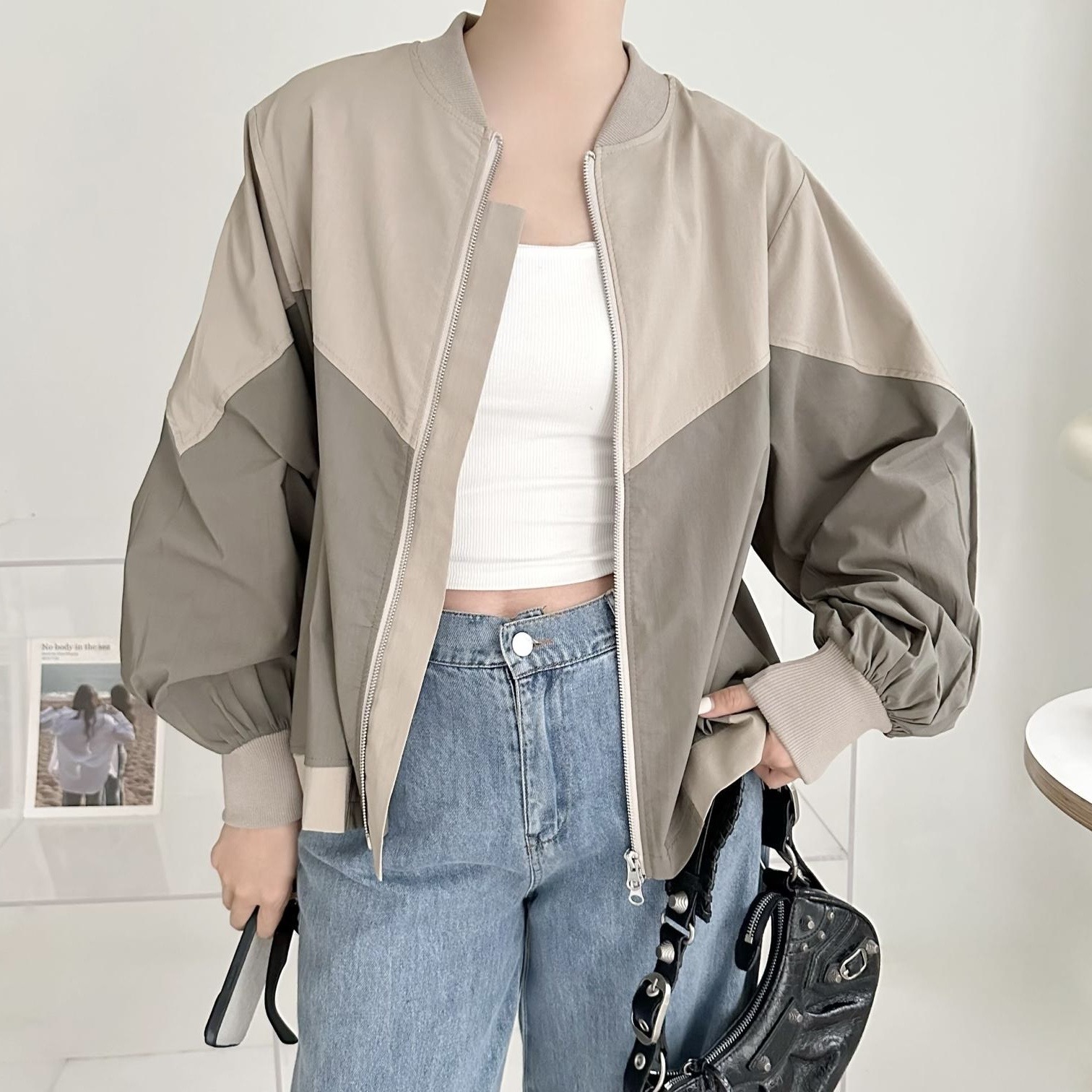 【BONNIE】雙拼色拉鏈薄風褸外套