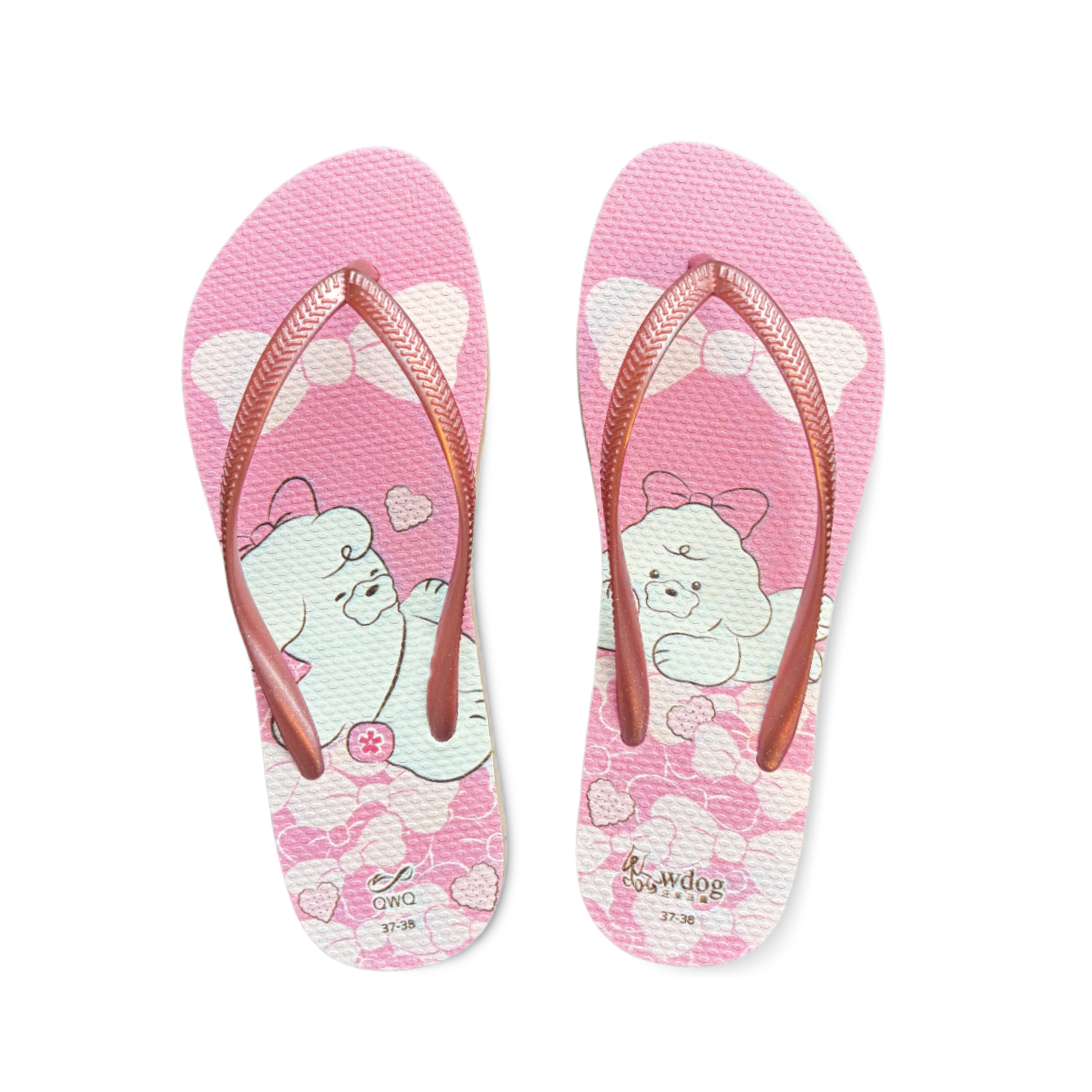 汪來汪趣 貴賓 女款細帶人字夾腳拖鞋 粉金