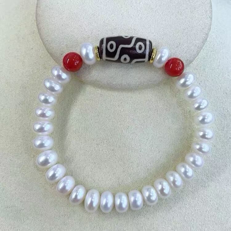 zc1628  S925天珠淡水珍珠无核南红手链-九眼代表权威之意8mm