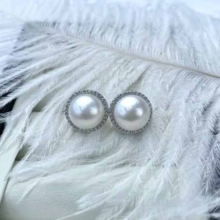 zc1630  S925-淡水无核（可拆）小香风圆钻耳钉11-11.5mm