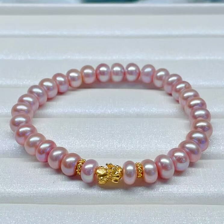 zc1631  S925淡水无核算盘珠（丁香紫）貔貅手链8mm