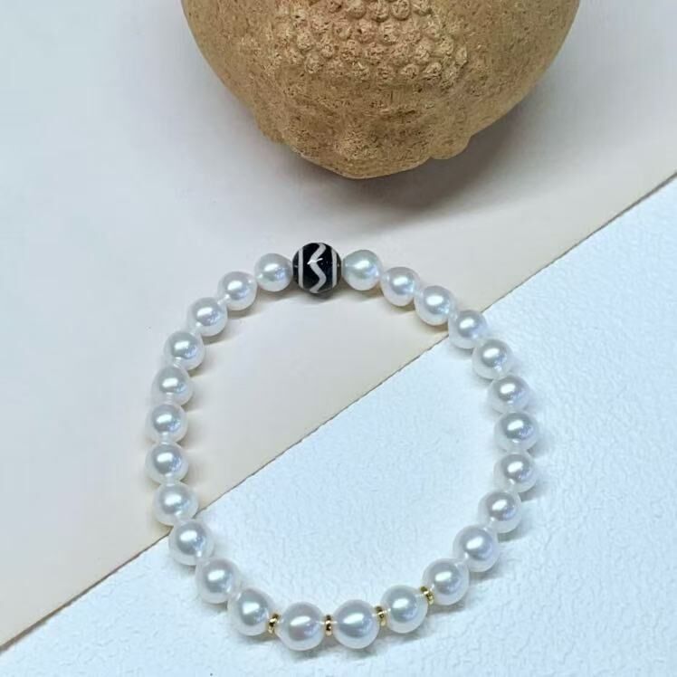 zc1632   S925天珠淡水珍珠有核手链-水纹一生平安之意6-6.5mm
