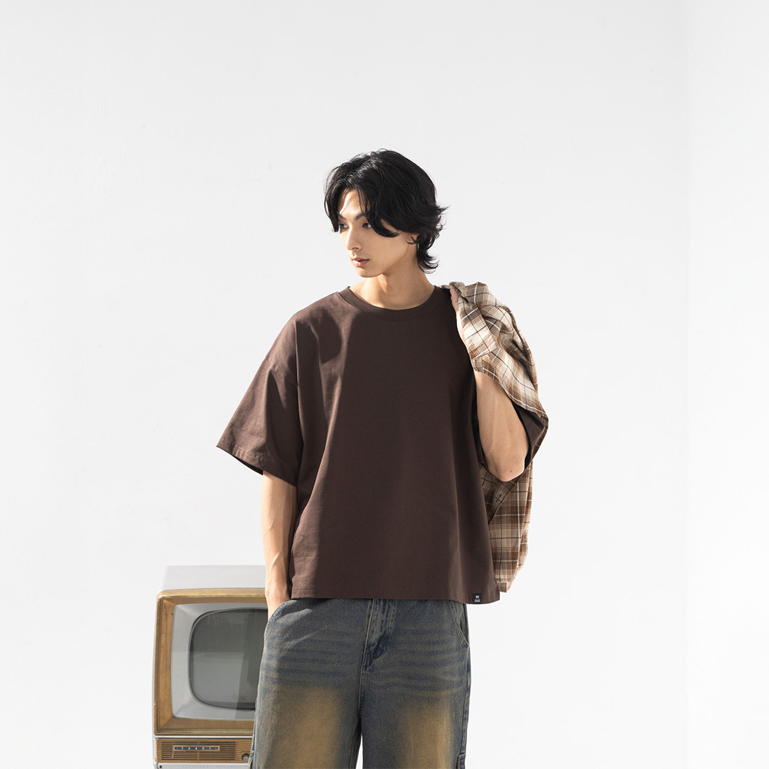 Men's Thick Wide Cropped Boxy Top - Brown S-XL【01190318】in stock+pre-order