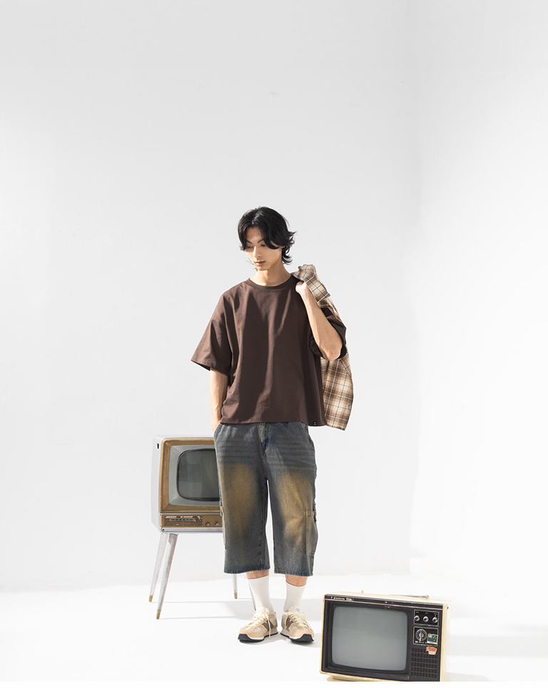 Men's Thick Wide Cropped Boxy Top - Brown S-XL【01190318】in stock+pre-order