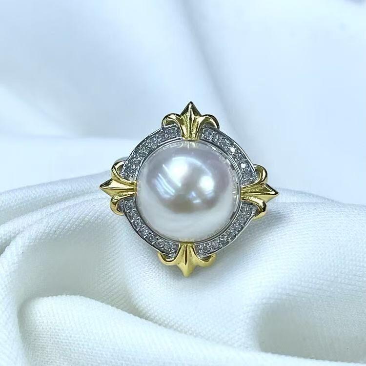 zc1634  S925-淡水有核珍珠复古方形戒指（双色）13-13.5mm