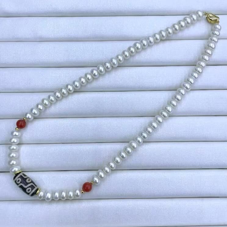 zc1638  S925天珠淡水珍珠无核珍珠南红项链-九眼代表权威之意8mm
