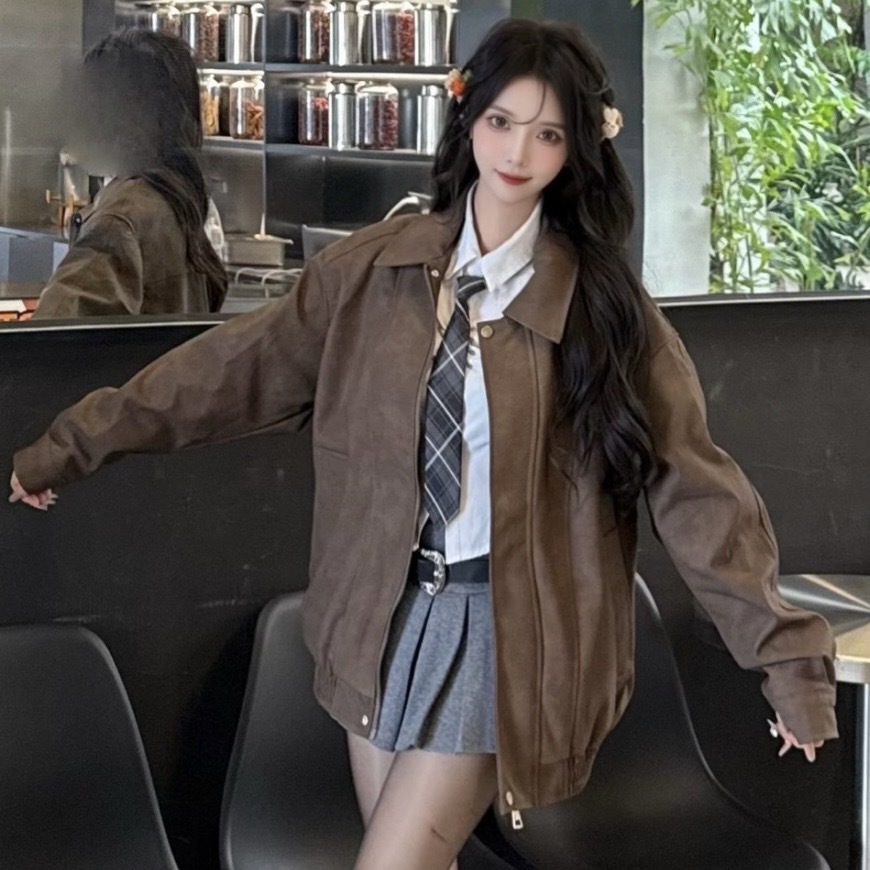 KAWASAKI 川崎 美式復古 賽車外套 寬鬆 翻領 美拉德 大地色 皮質 /預購