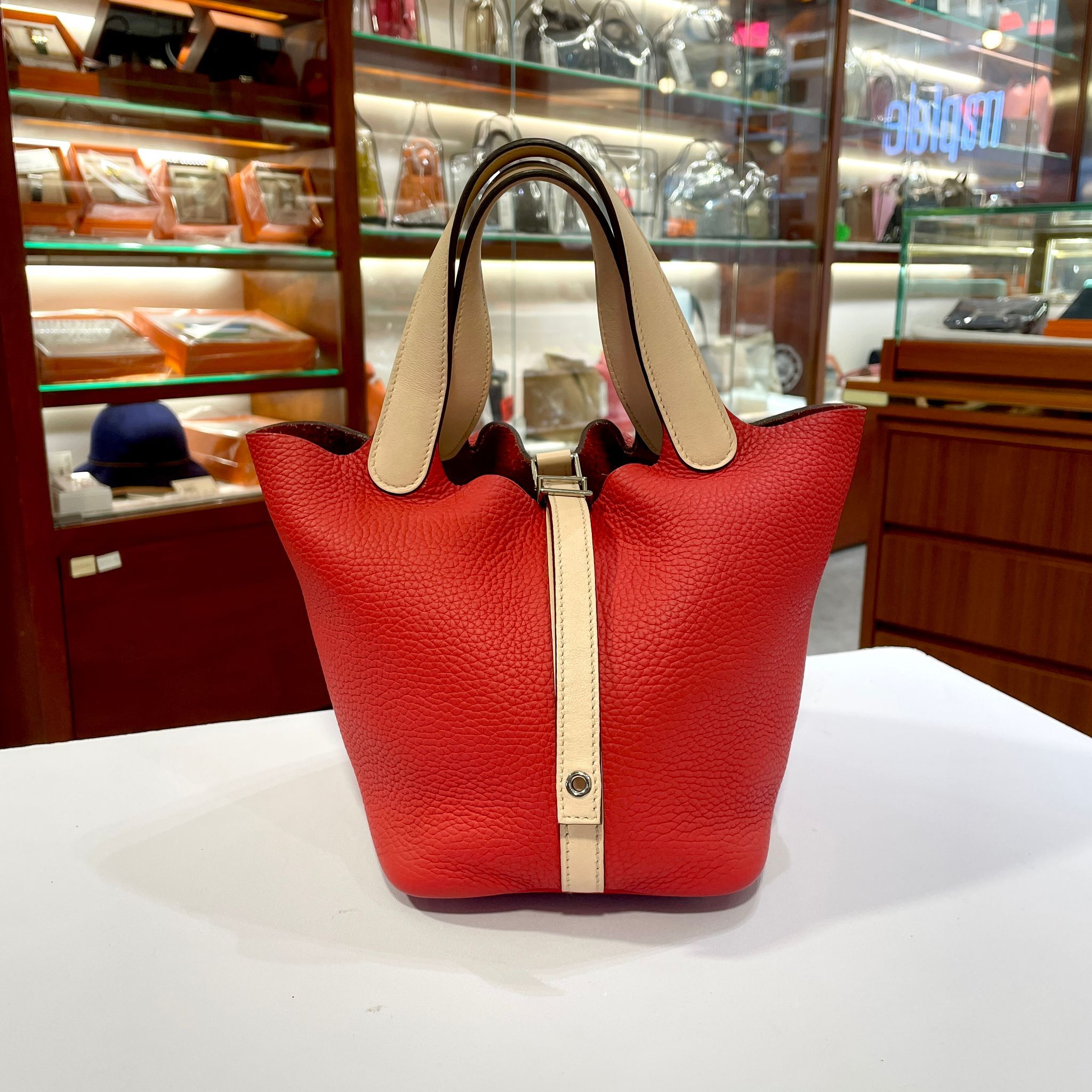 98%NEW二手HERMES PICOTIN 18 番茄紅拼薔薇粉 銀扣 TOUGE TOMATE PHW #P18#香榭站正品