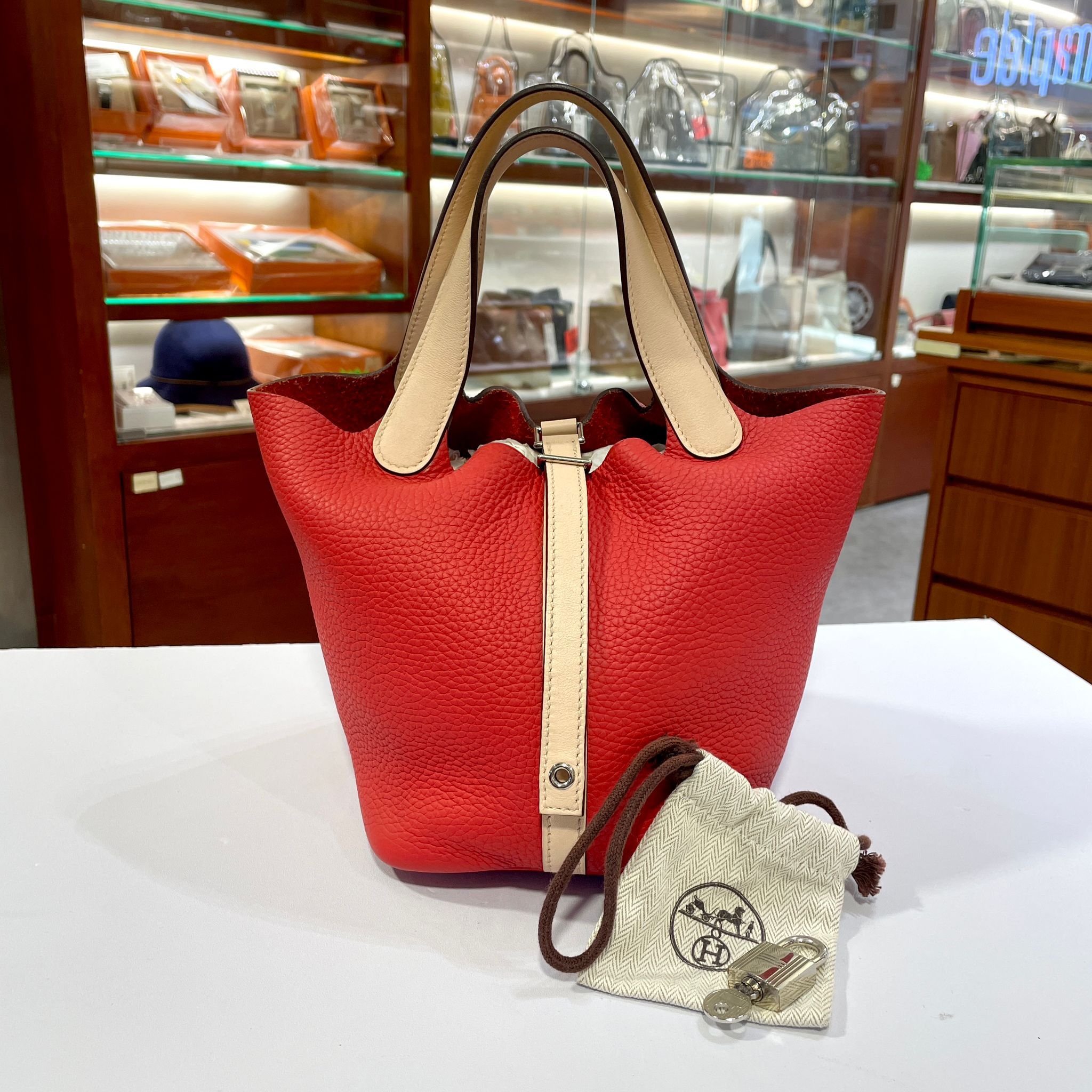 98%NEW二手HERMES PICOTIN 18 番茄紅拼薔薇粉 銀扣 TOUGE TOMATE PHW #P18#香榭站正品