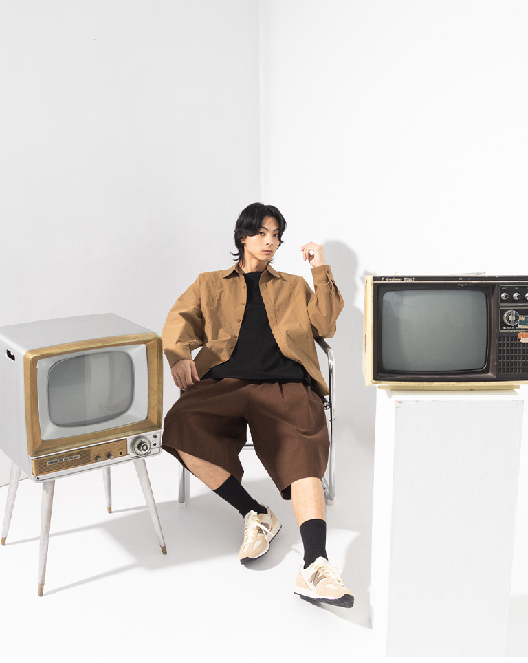 Men's Plain Twill Pleated Shorts - Brown【04130309】in stock+pre-order