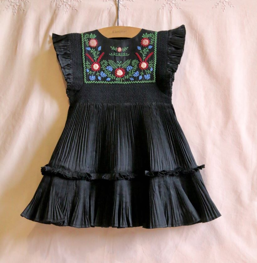 BONJOUR DIARY 荷葉袖柔和百褶洋Dress pleated black taffetas