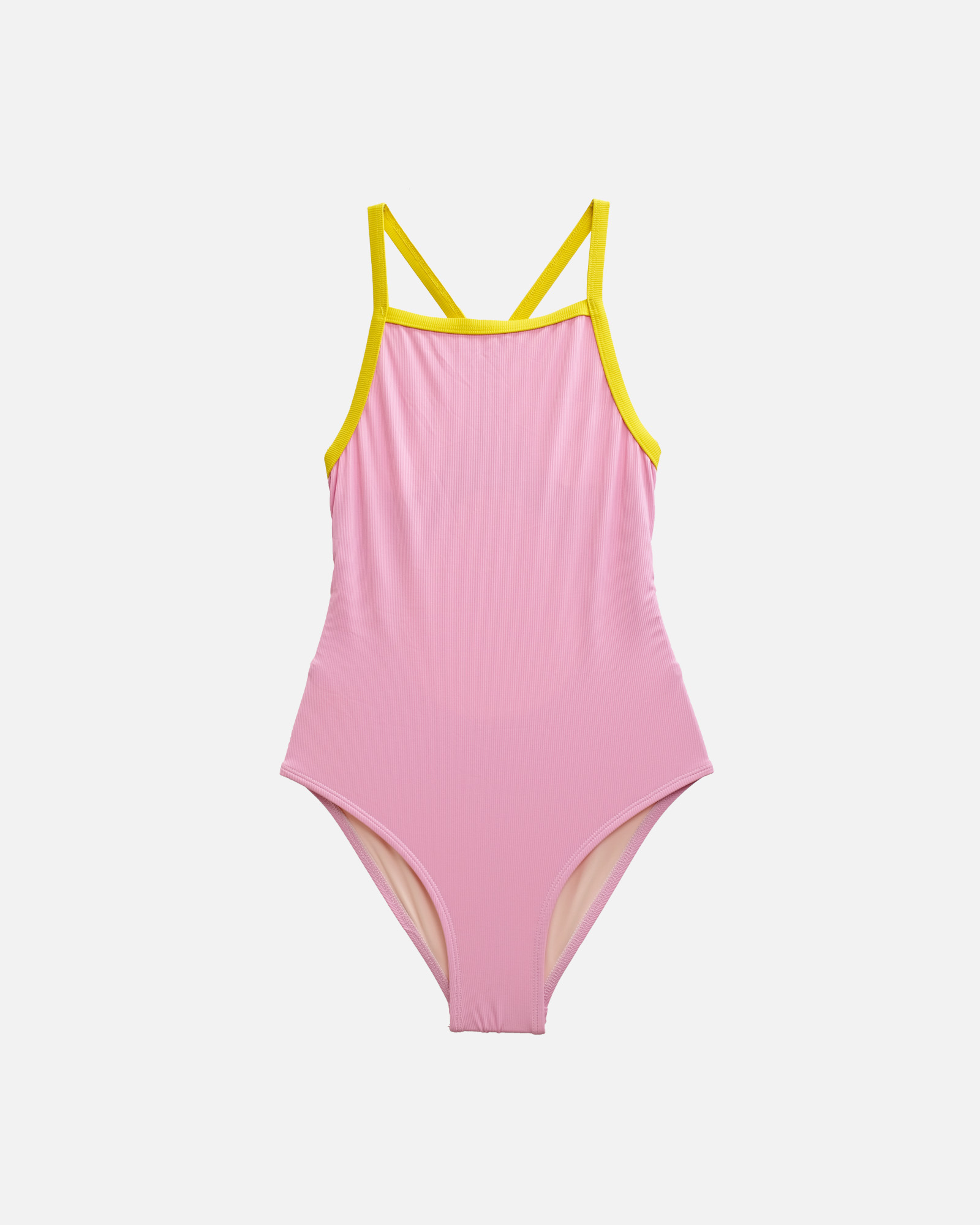 【羅紋草莓牛奶x陽光黃邊】ARE_ECO 泳著｜無墊減壓包臀練習泳裝