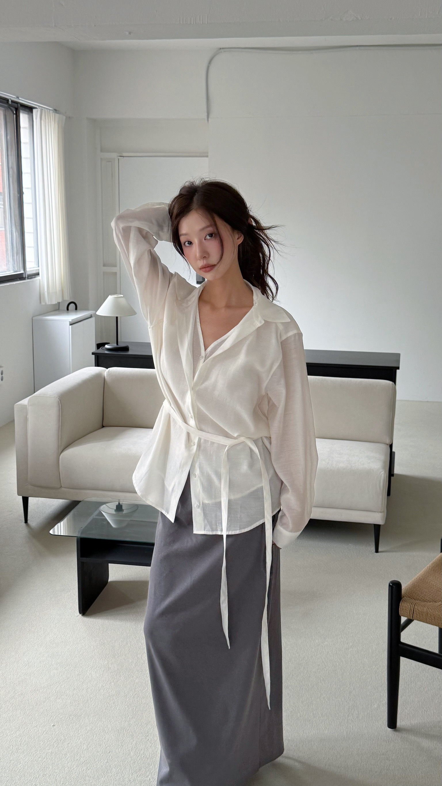 時髦雙層設計光澤綁帶襯衫（奶油/粉）