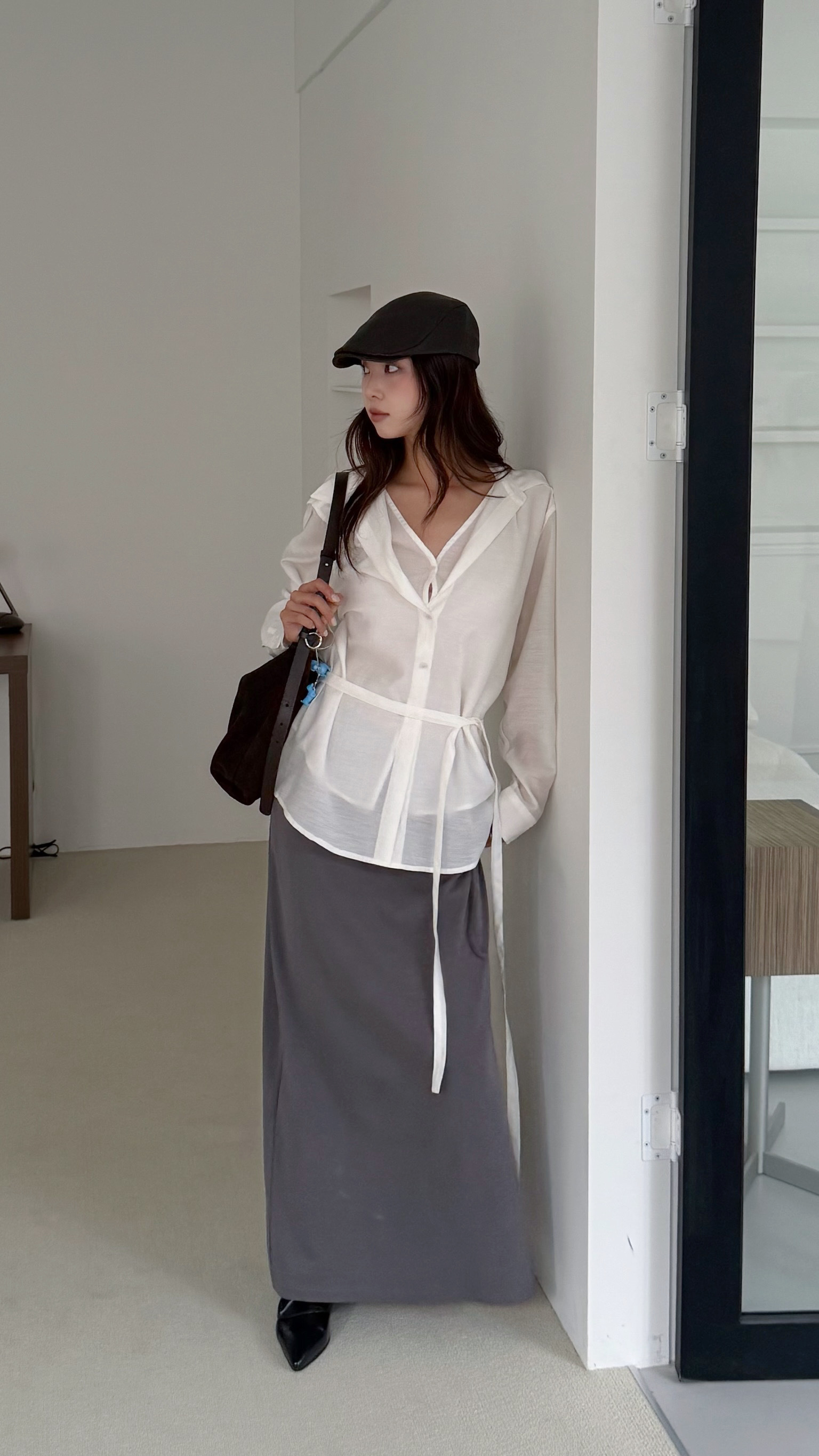 時髦雙層設計光澤綁帶襯衫（奶油/粉）