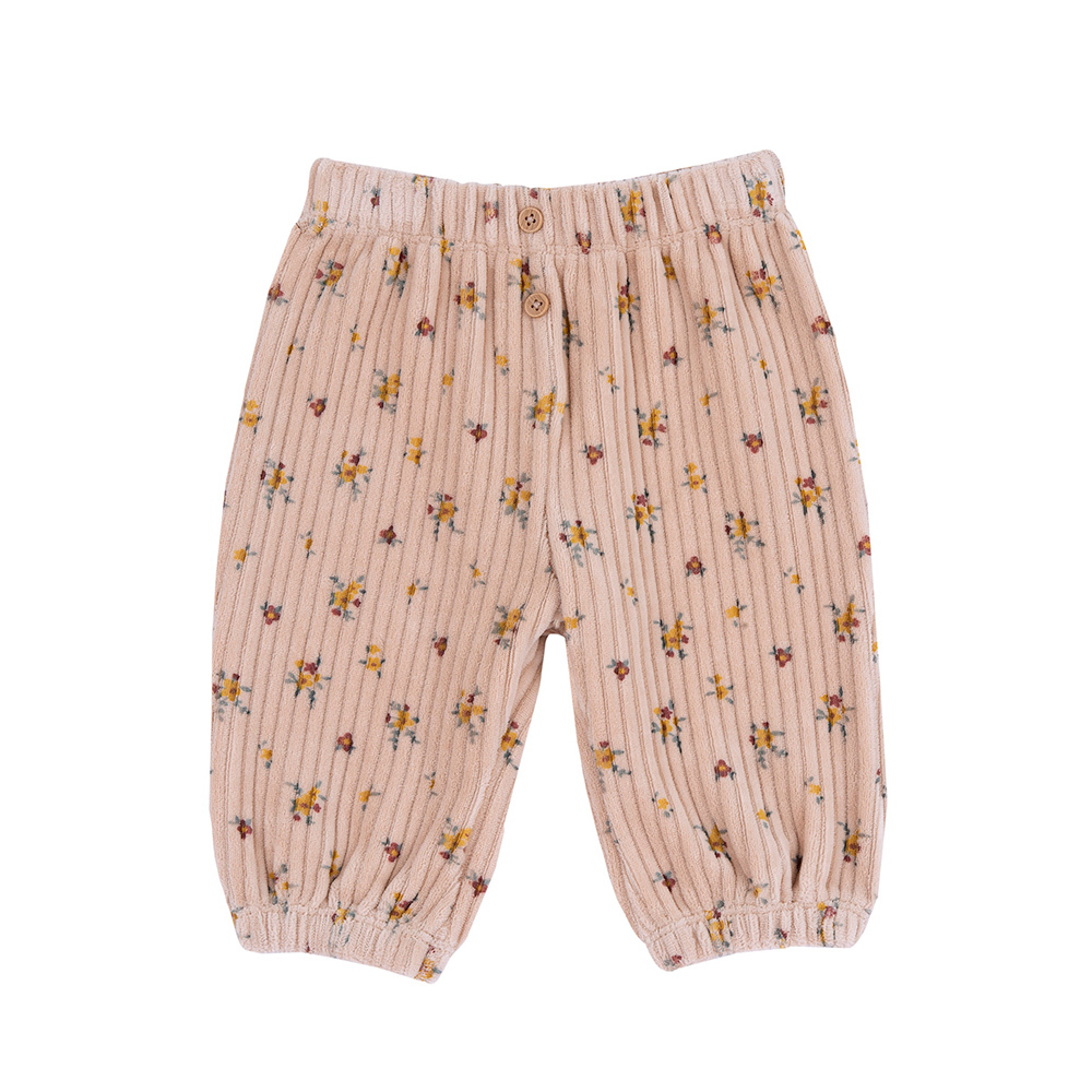 夢幻花朵-粗條絨滿版花朵縮口長褲