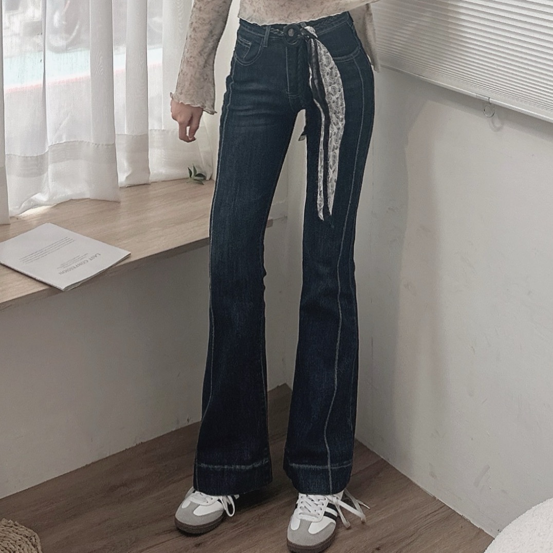 復古牛仔喇叭褲(附絲巾皮帶)/單一色