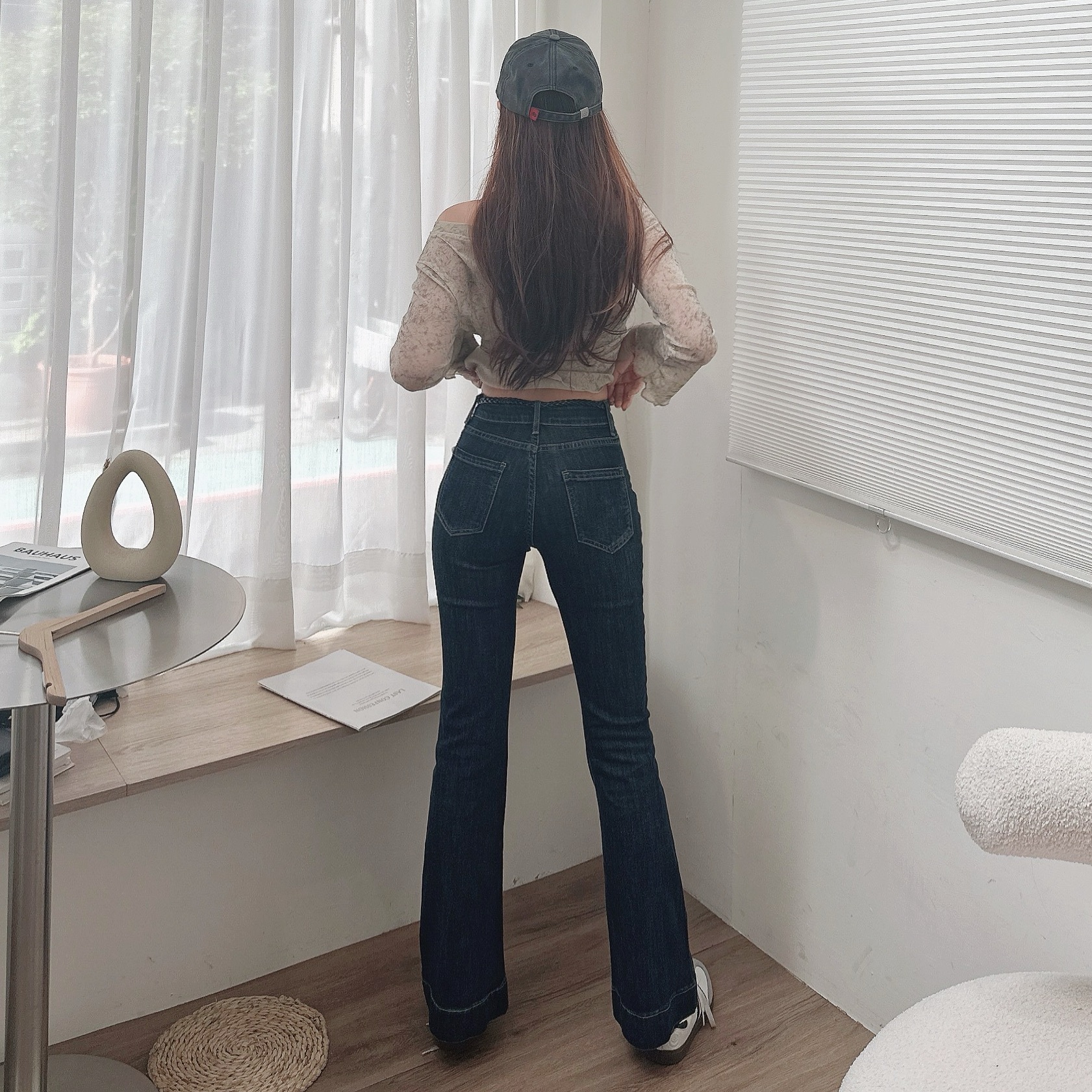 復古牛仔喇叭褲(附絲巾皮帶)/單一色