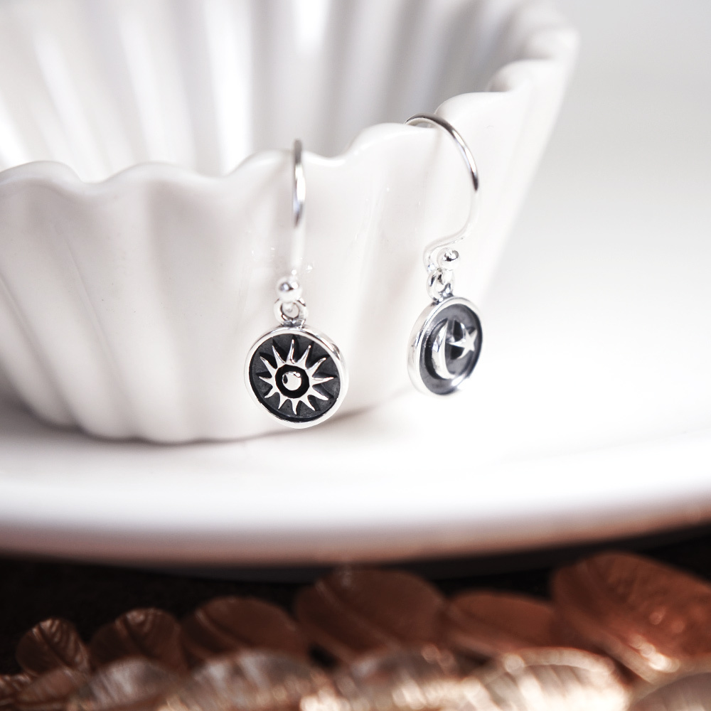 日月星晨 925純銀 垂墜耳環 太陽月亮造型 女生耳環