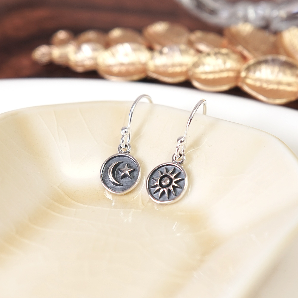 日月星晨 925純銀 垂墜耳環 太陽月亮造型 女生耳環