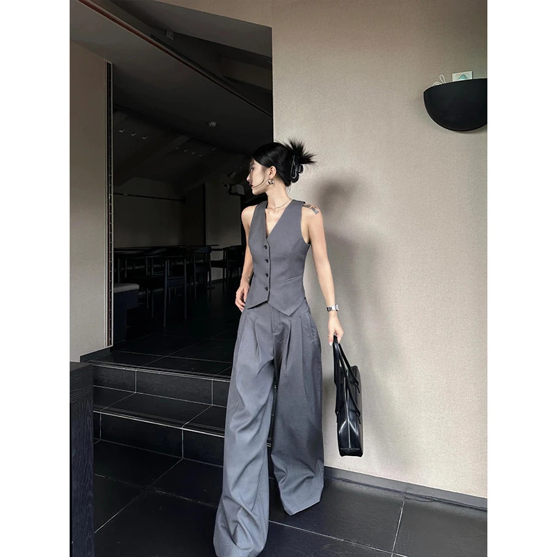 V領排釦背心+高腰褲(2件組)