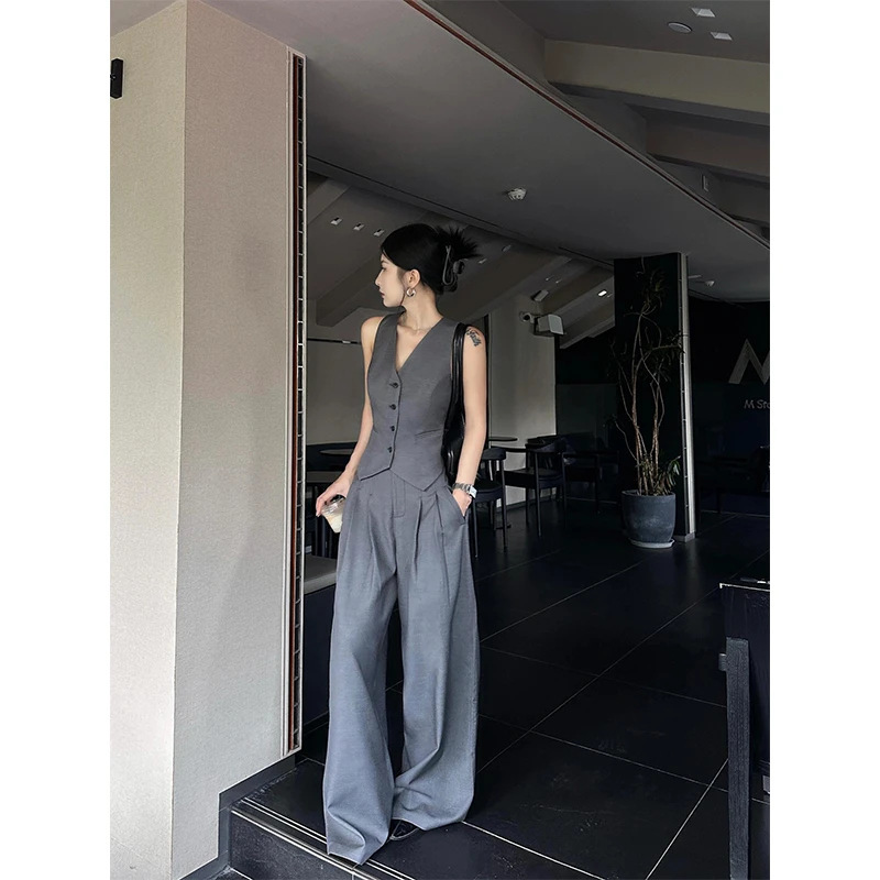 V領排釦背心+高腰褲(2件組)