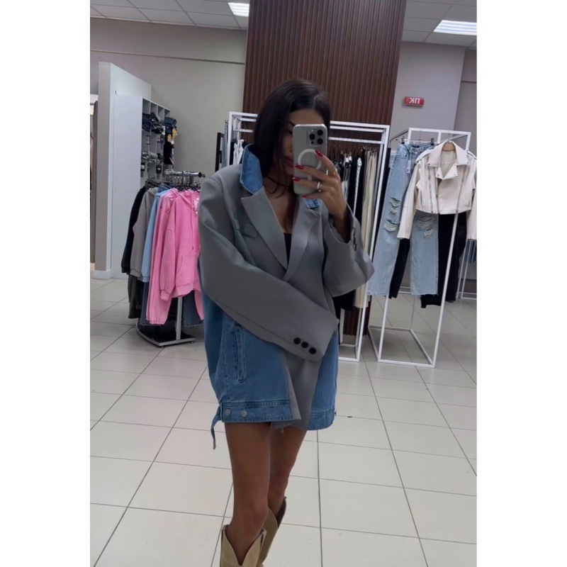 東大門 牛仔拼接灰色西裝外套