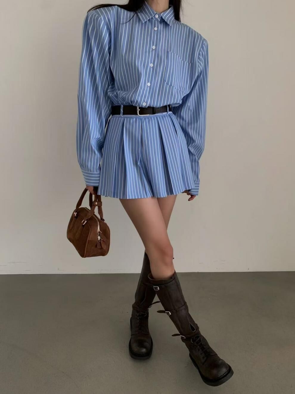 學院風 2件條紋襯衫洋裝