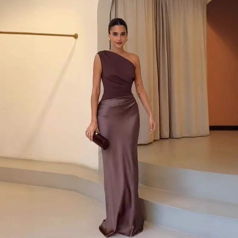 綢緞拼接 斜肩小禮服