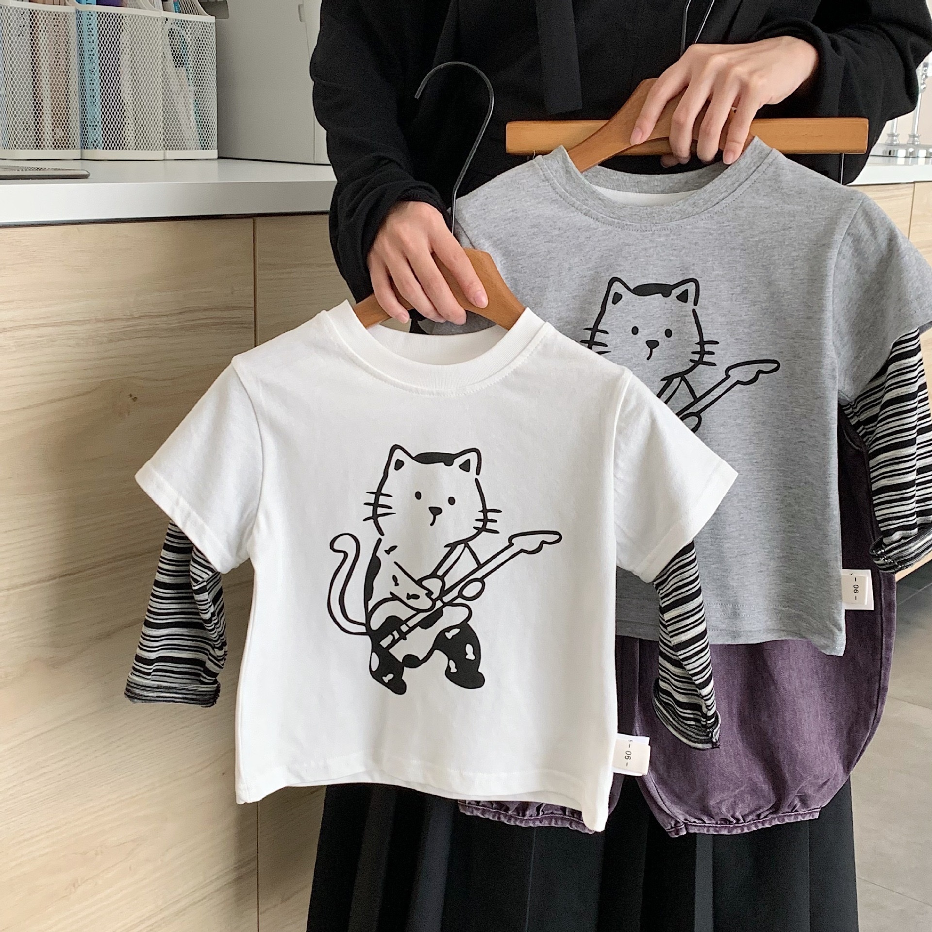 貓咪條紋假兩件上衣